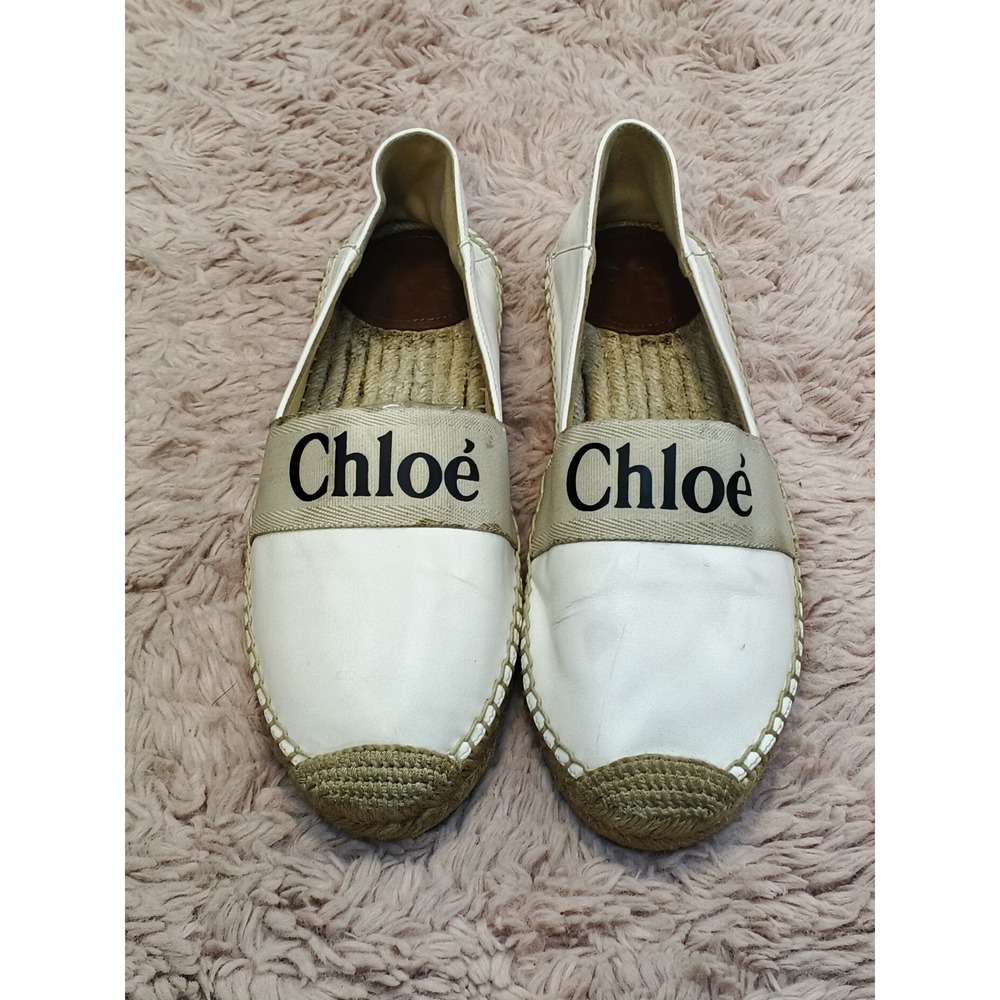 Chloe Woody Espadrille White Leather Logo Strap Slip On Flats Shoes‎